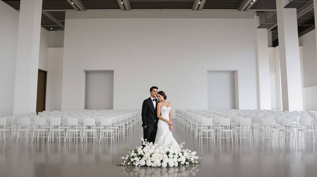 Elegant wedding couple standing in a modern, minimalist venue with white chairs and floral decor.