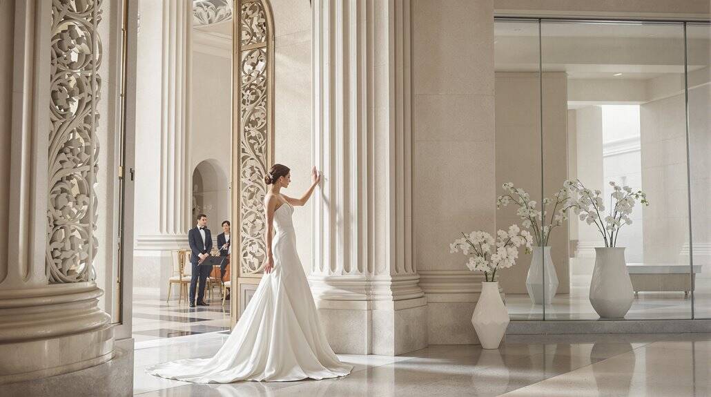 Elegant wedding bride in a white gown touching a marble column.