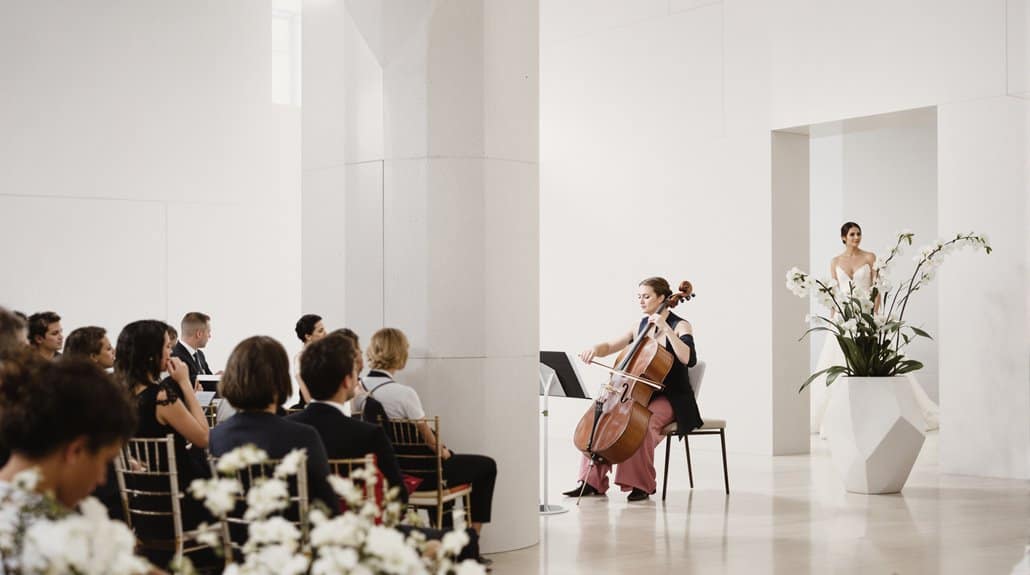 Live classical music performance at elegant wedding ceremony.