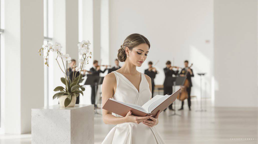 Bride reading vows at elegant wedding venue.