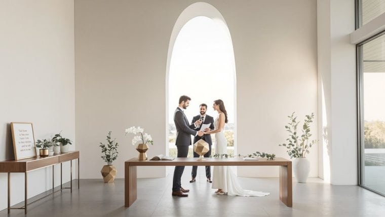 Bride and groom exchanging vows during elegant wedding ceremony in bright, modern venue.