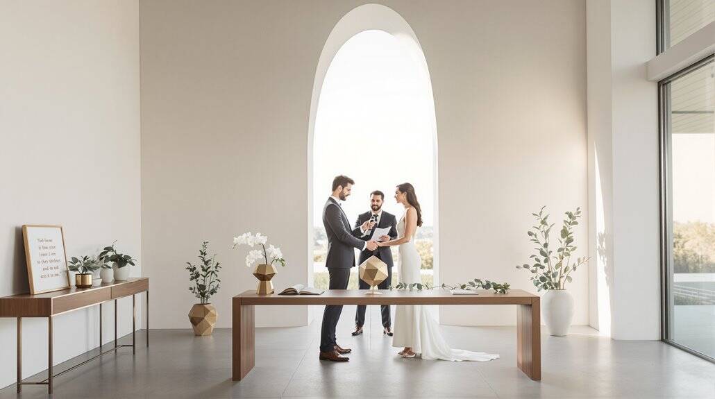 Bride and groom exchanging vows during elegant wedding ceremony in bright, modern venue.