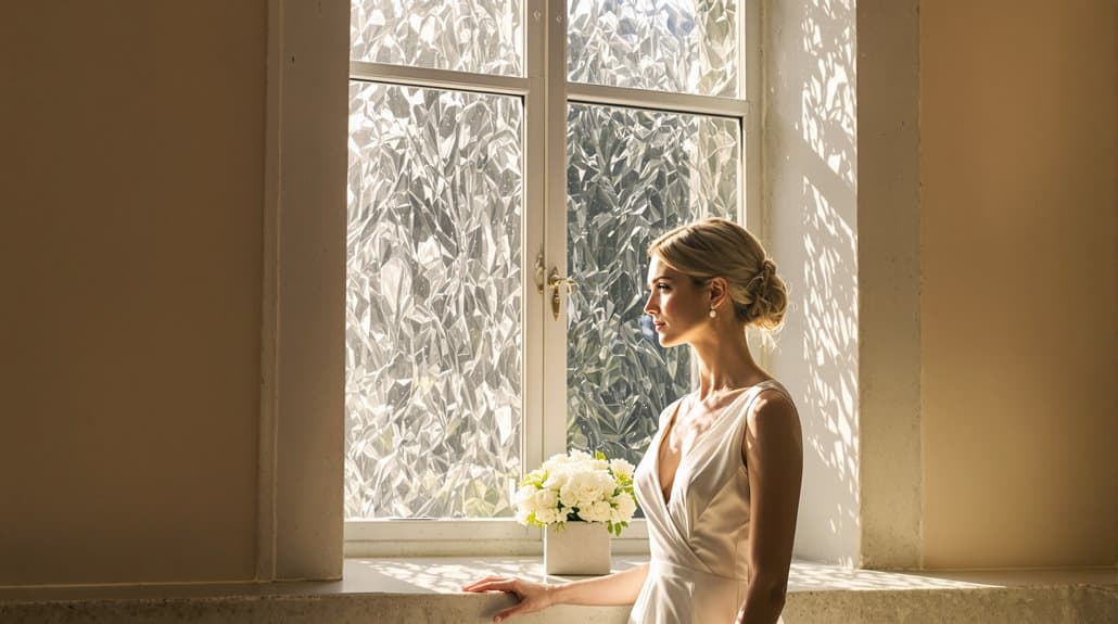 Bride in elegant wedding dress gazing out the window.