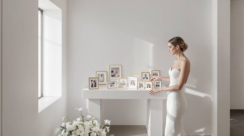 Bride in white wedding dress looking at photo frames on a white wall.