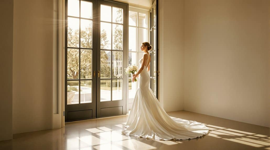 Bride in elegant wedding gown standing by large glass doors with sunlight streaming in.
