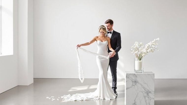 Bride and groom in elegant wedding attire in a minimalist studio setting.