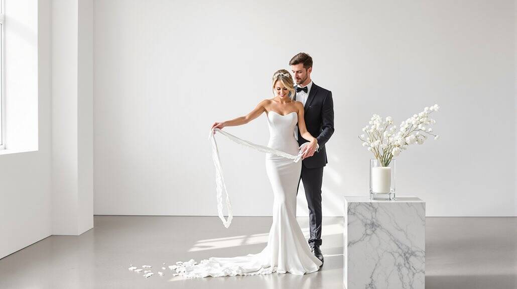 Bride and groom in elegant wedding attire in a minimalist studio setting.