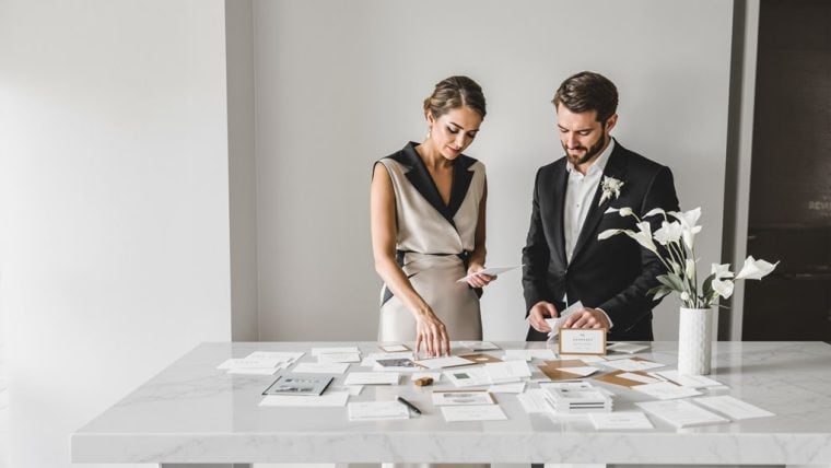 Elegant wedding planning with a couple reviewing design options.