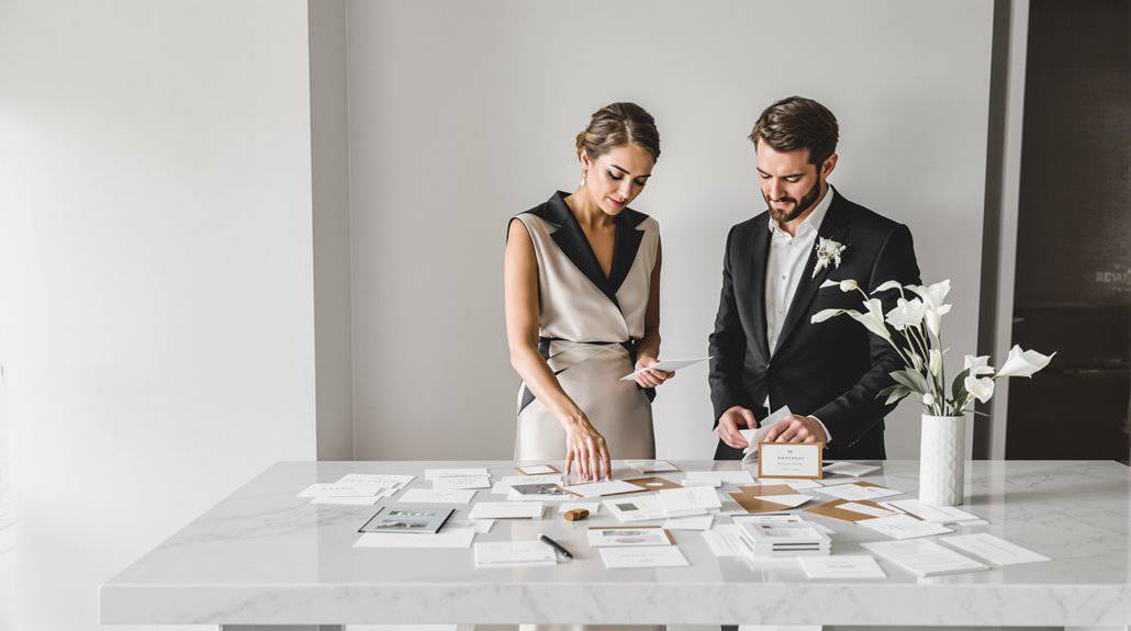 Elegant wedding planning with a couple reviewing design options.
