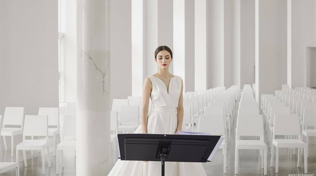 Bride standing alone in a modern, minimalist wedding venue with white chairs and tall windows.