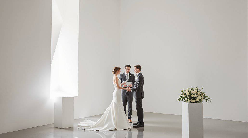 Bride and groom exchanging vows during a minimalist wedding ceremony.