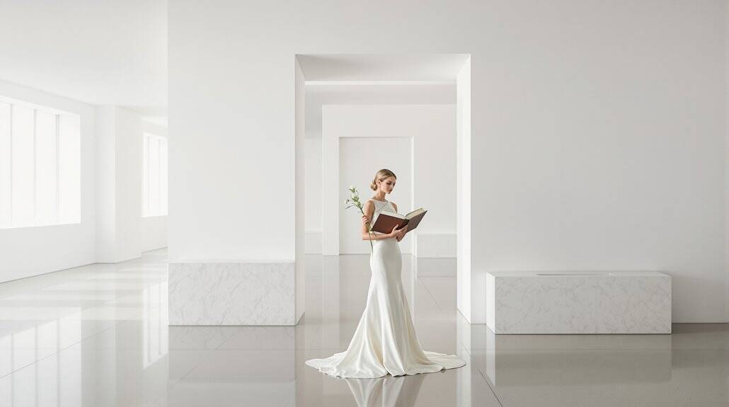 Bride in elegant white wedding gown holding a bouquet in a minimalist, bright wedding venue.