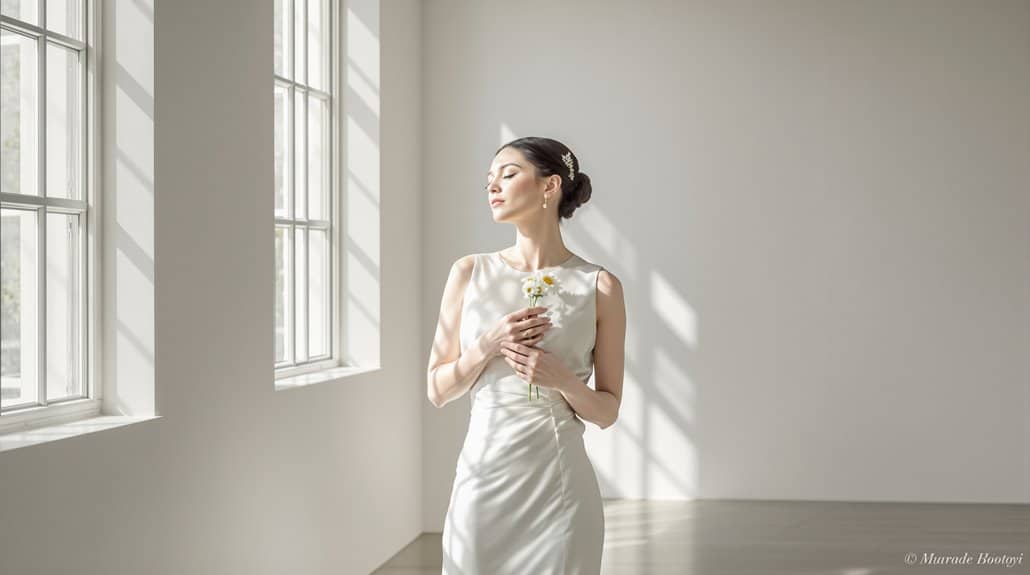 Bride in elegant wedding dress holding a bouquet, standing by large windows with natural light.