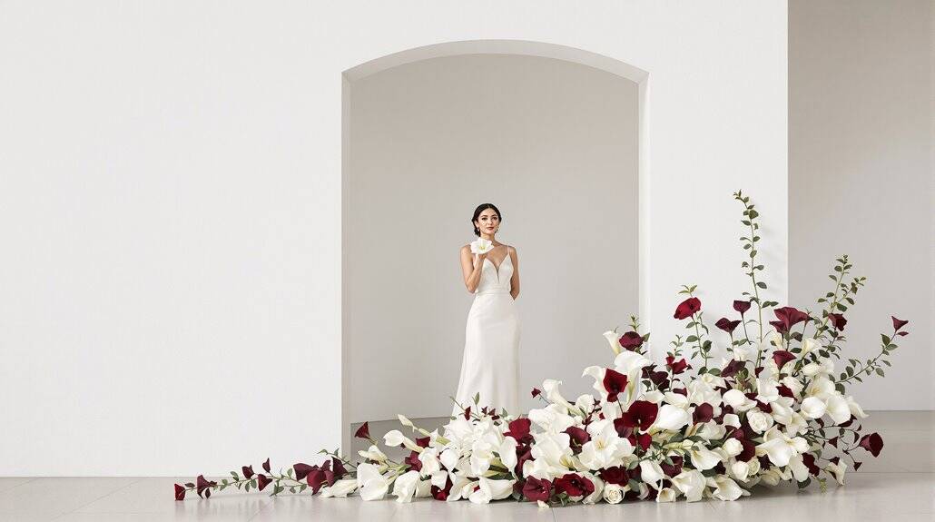 Bridal gown and floral decor at an elegant wedding venue.