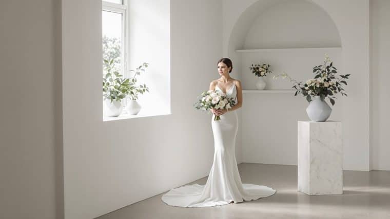 Bride in elegant white wedding dress holding bouquet in bright, minimalist room.