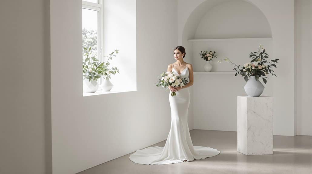 Bride in elegant white wedding dress holding bouquet in bright, minimalist room.