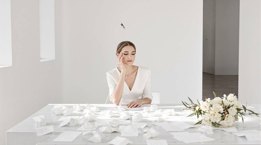 Bride reviewing wedding plans with table full of invitations and floral arrangements.