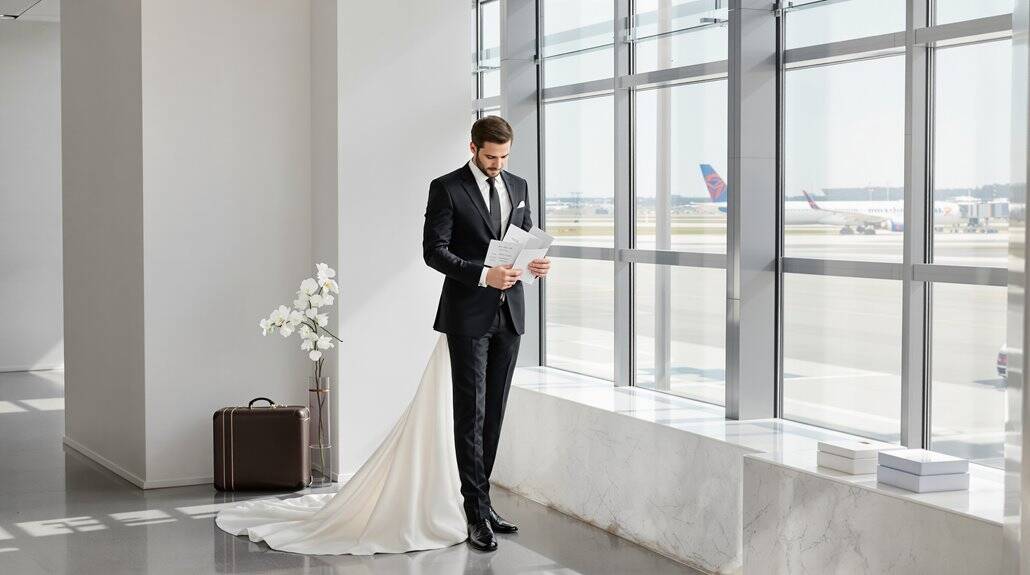 Bride in wedding dress waiting at airport terminal with suitcase.