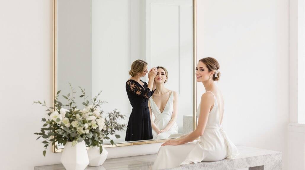Bride getting her makeup done before wedding in bright, elegant room.