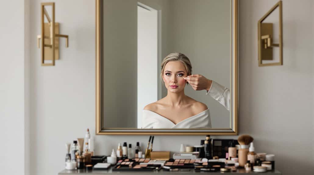 Bride getting makeup done in a modern, elegant wedding preparation room.