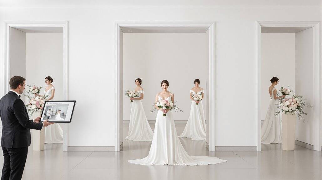 Bride with bridesmaids in white dresses holding bouquets at wedding.