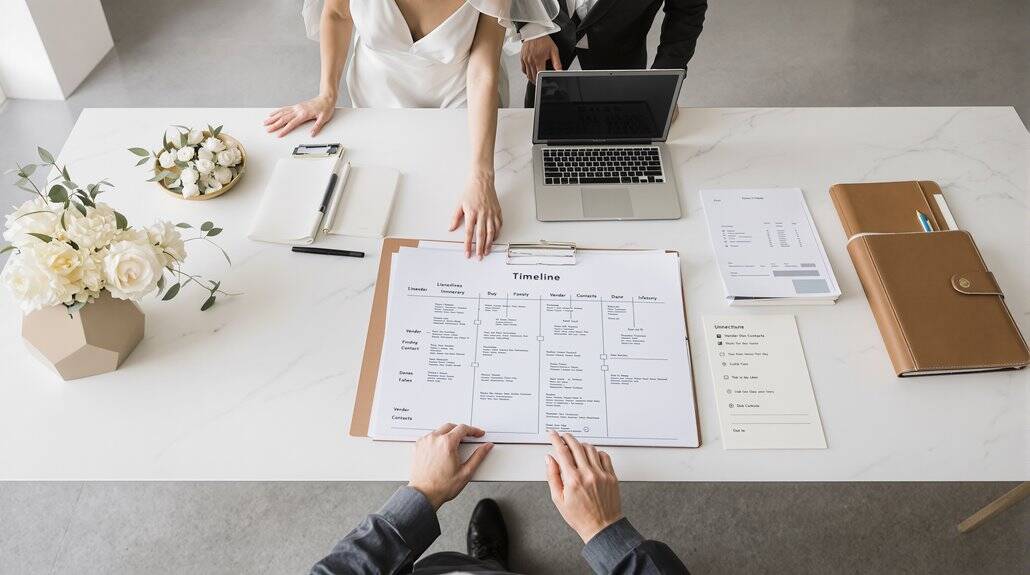 Wedding planning meeting with documents and laptop on a white table.