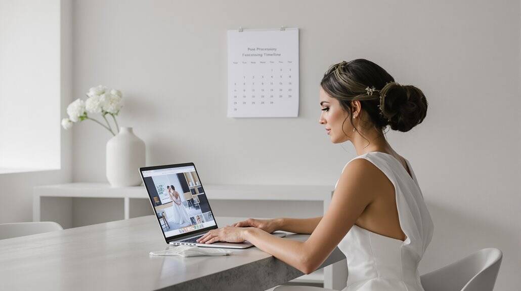 Bride working on wedding plans on laptop in a modern, minimalistic office setting.