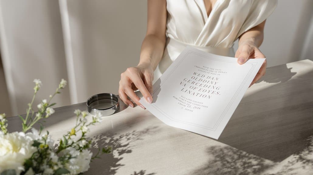 Woman holding wedding planning document with floral decor and coffee on table.