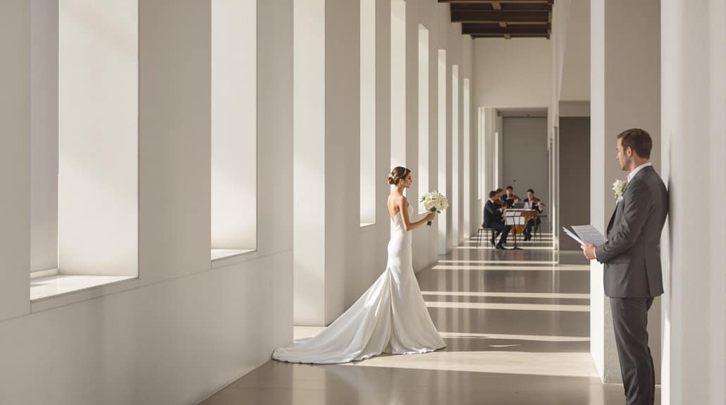 Bride and groom exchanging vows in modern wedding venue with natural light.
