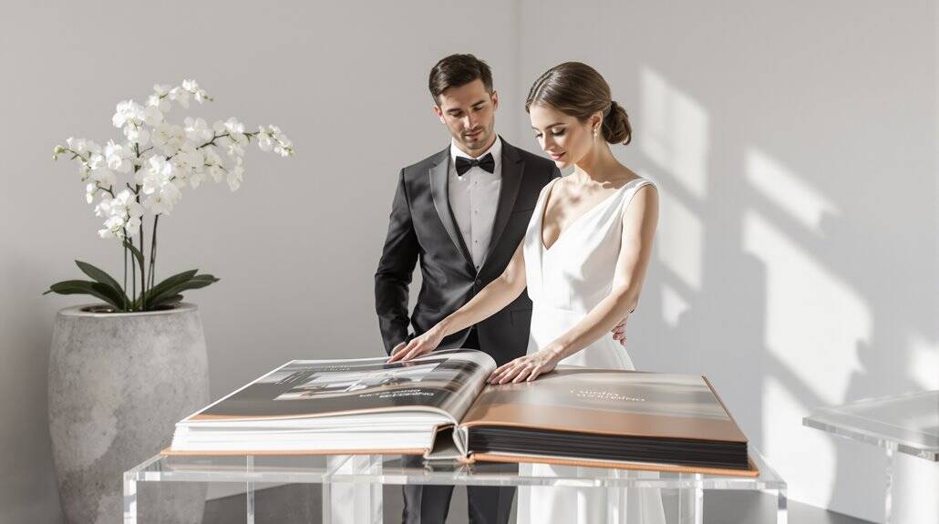 Elegant wedding couple looking at wedding album, stylish bride and groom in modern setting.