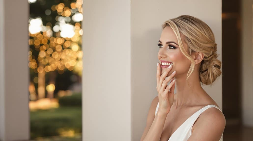 Bride smiling outdoors in wedding dress with elegant hairstyle.