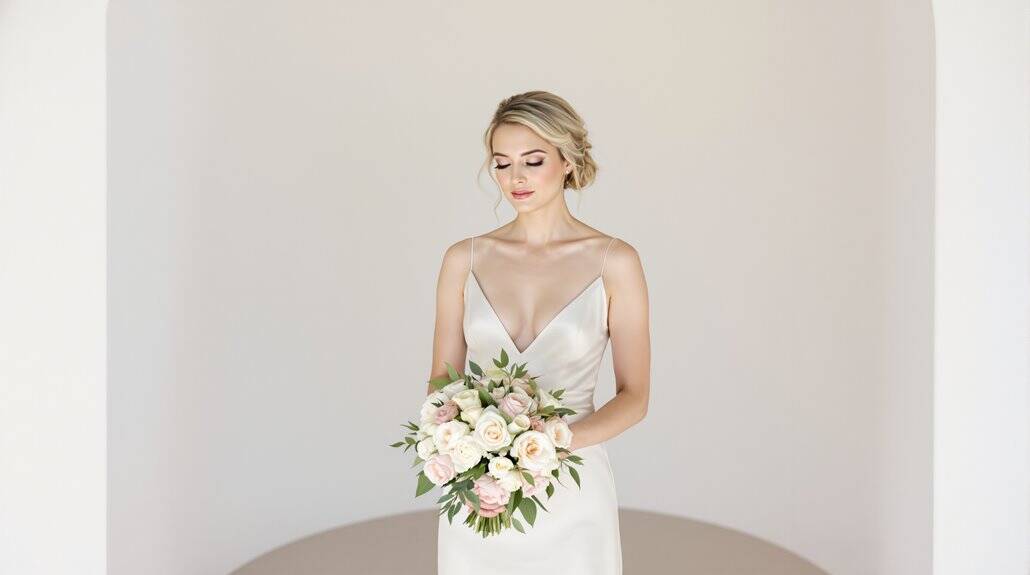 Bride holding a beautiful bouquet in a white wedding dress.