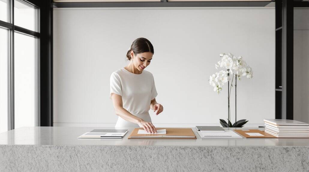 Woman planning wedding details at a minimalist desk with white orchids.
