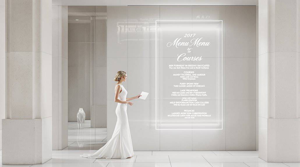 Elegant wedding menu board with a bride reading in a modern venue.