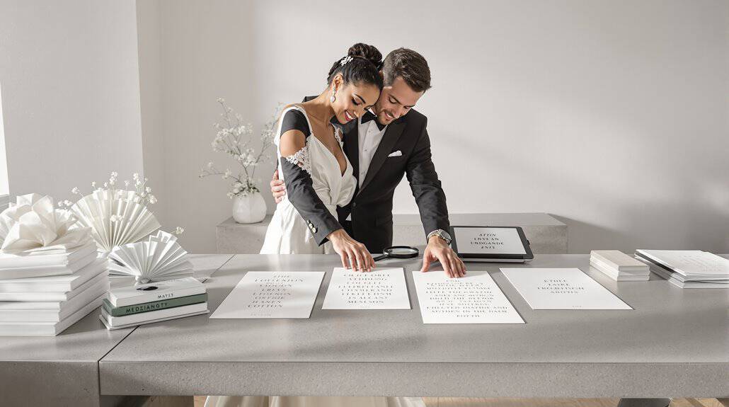 Elegant wedding couple signing marriage documents at a modern venue.