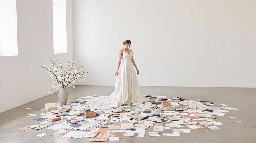 Bride in wedding dress standing on a floor covered with books and papers, minimalist white room sett.
