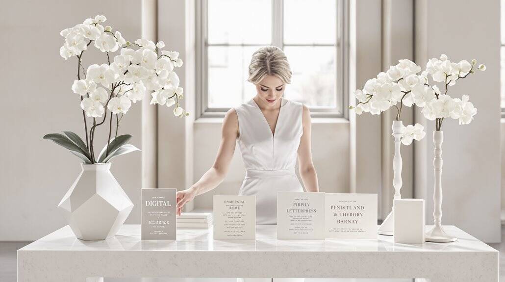 Elegant wedding bridal display with white orchids and wedding planning materials.