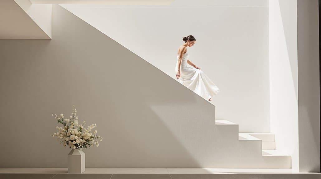 Bride in wedding dress sitting on minimalist staircase with white walls.