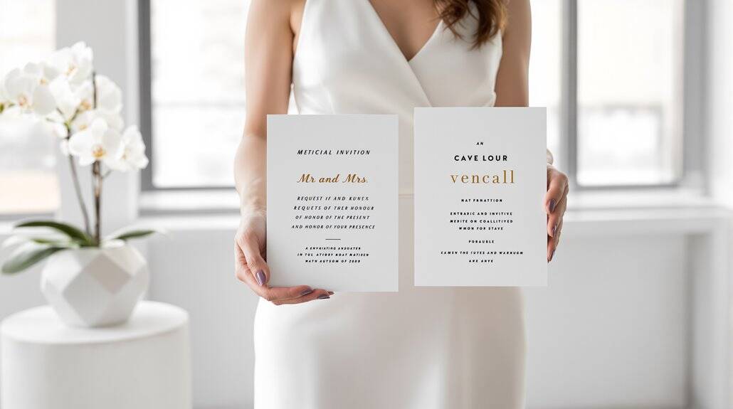 Bride holding elegant wedding invitations with modern design and gold accents.