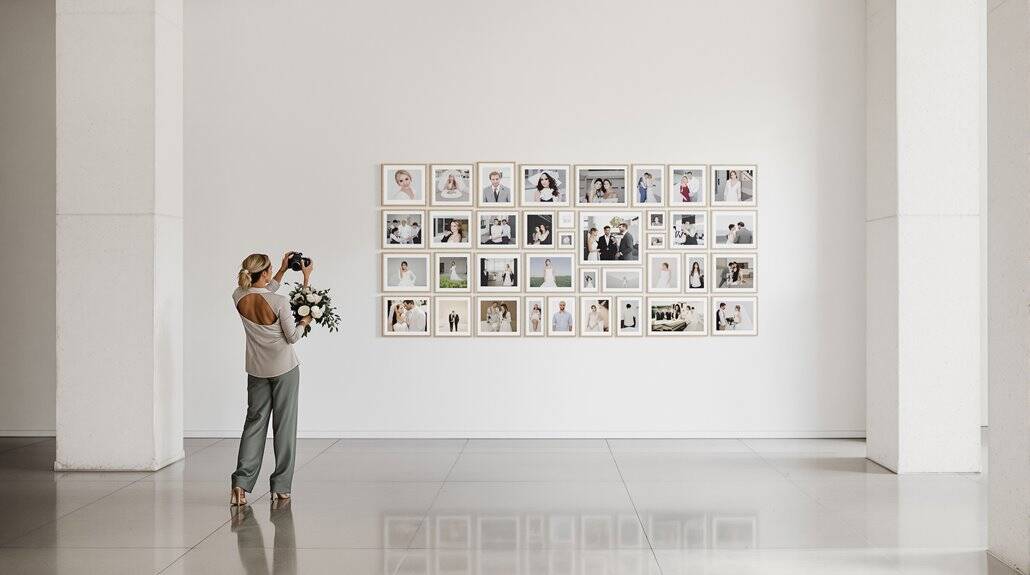 Bride taking photos of a wedding photo display at an elegant wedding venue.