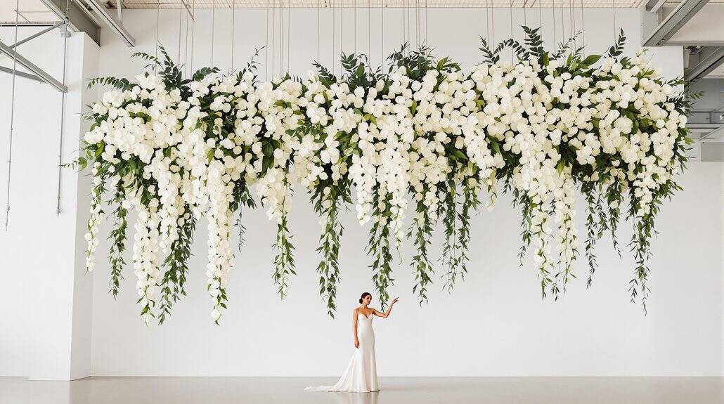 Large white floral wedding backdrop with cascading greenery and flowers.