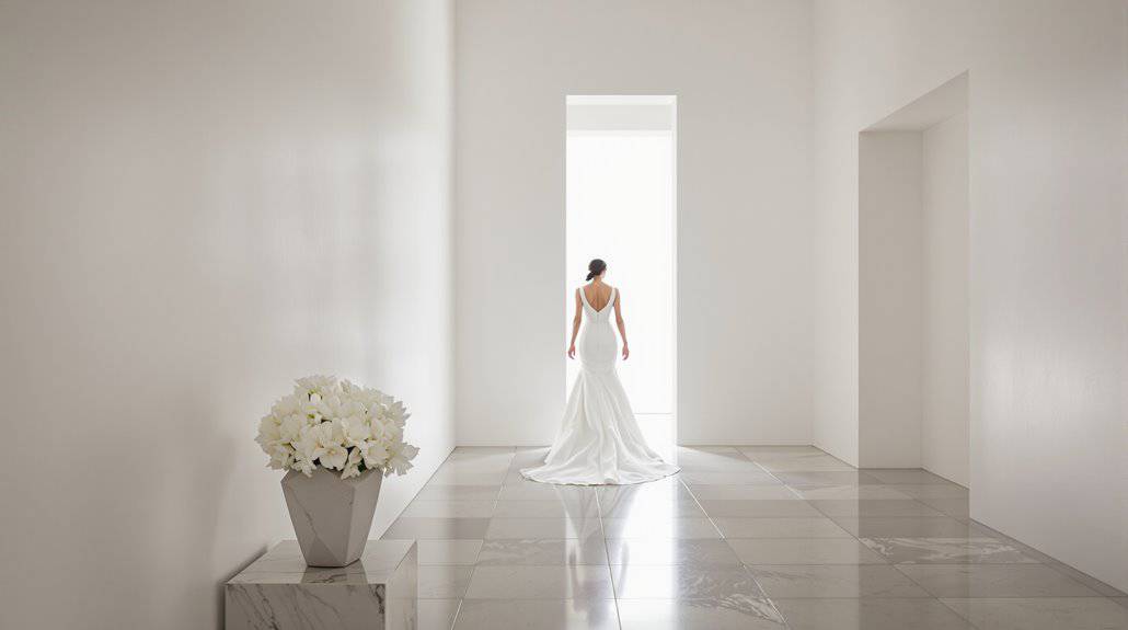 Bride in a white wedding gown standing in a bright, minimalist room with white walls and marble floo.