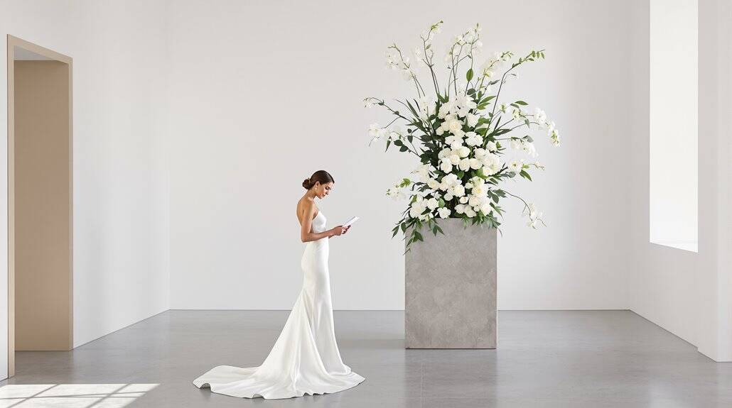 Bridal portrait of a bride in a white wedding gown reading a letter in a minimalist, modern setting.
