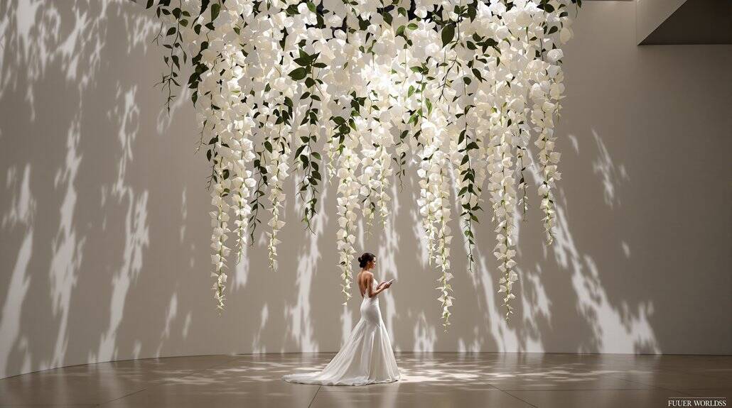 Elegant wedding bridal decor with cascading white flowers and greenery.