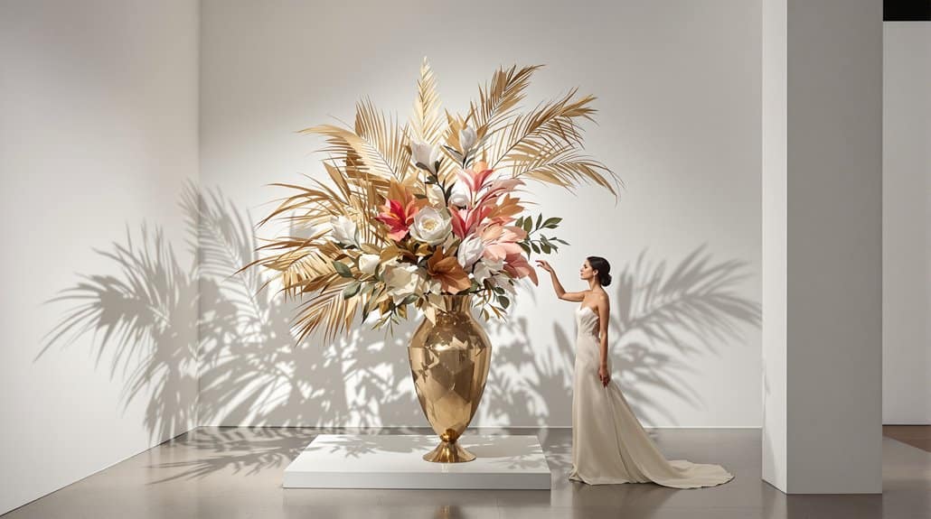 Large floral arrangement with pink roses and pampas grass at a wedding venue.