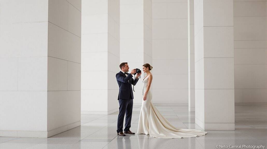Bride and groom exchanging vows in a modern, minimalist wedding venue.