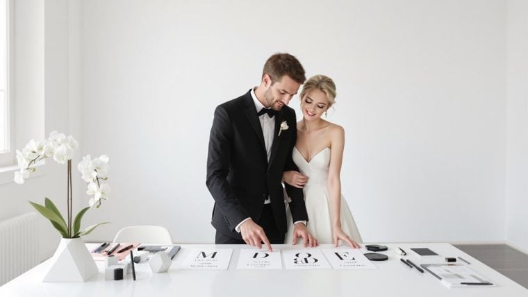Elegant wedding couple reviewing wedding table decor and signage.