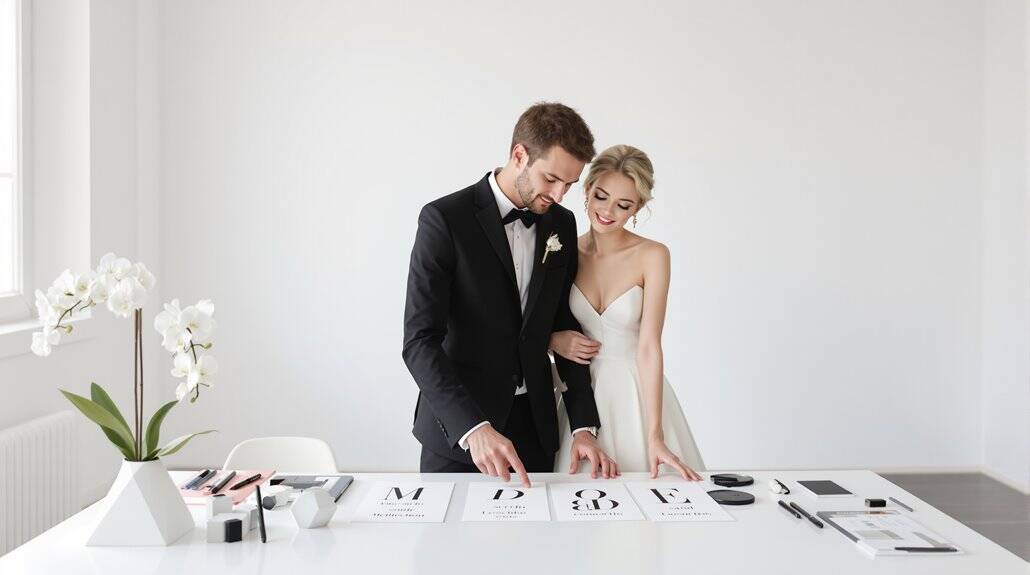 Elegant wedding couple reviewing wedding table decor and signage.