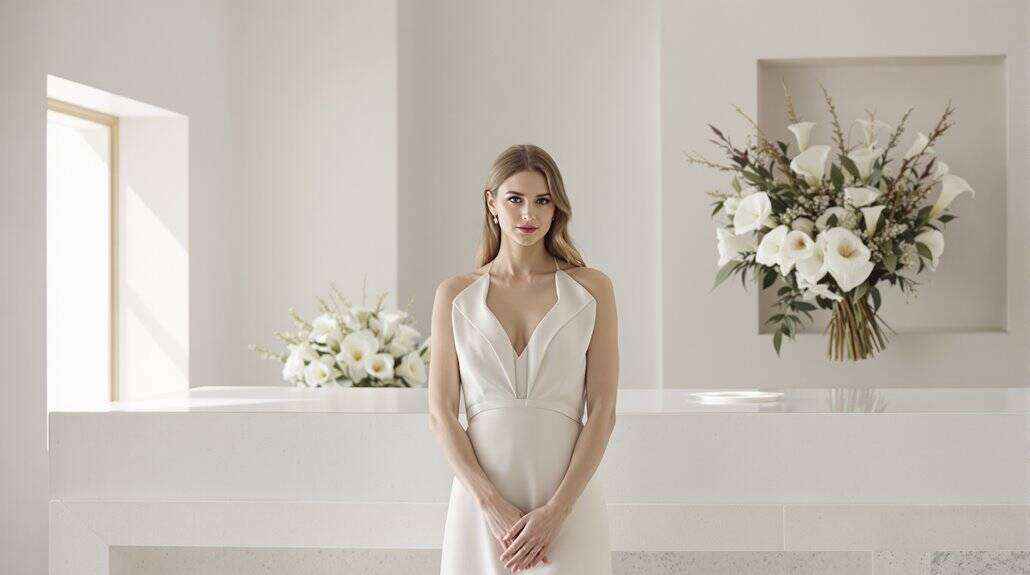 Beautiful bride in a white wedding dress standing in a modern, elegant venue with floral arrangement.