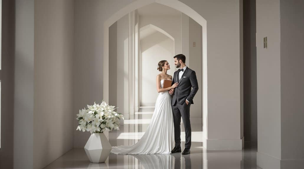 Elegant wedding couple standing in a bright, modern hall with minimalist decor.